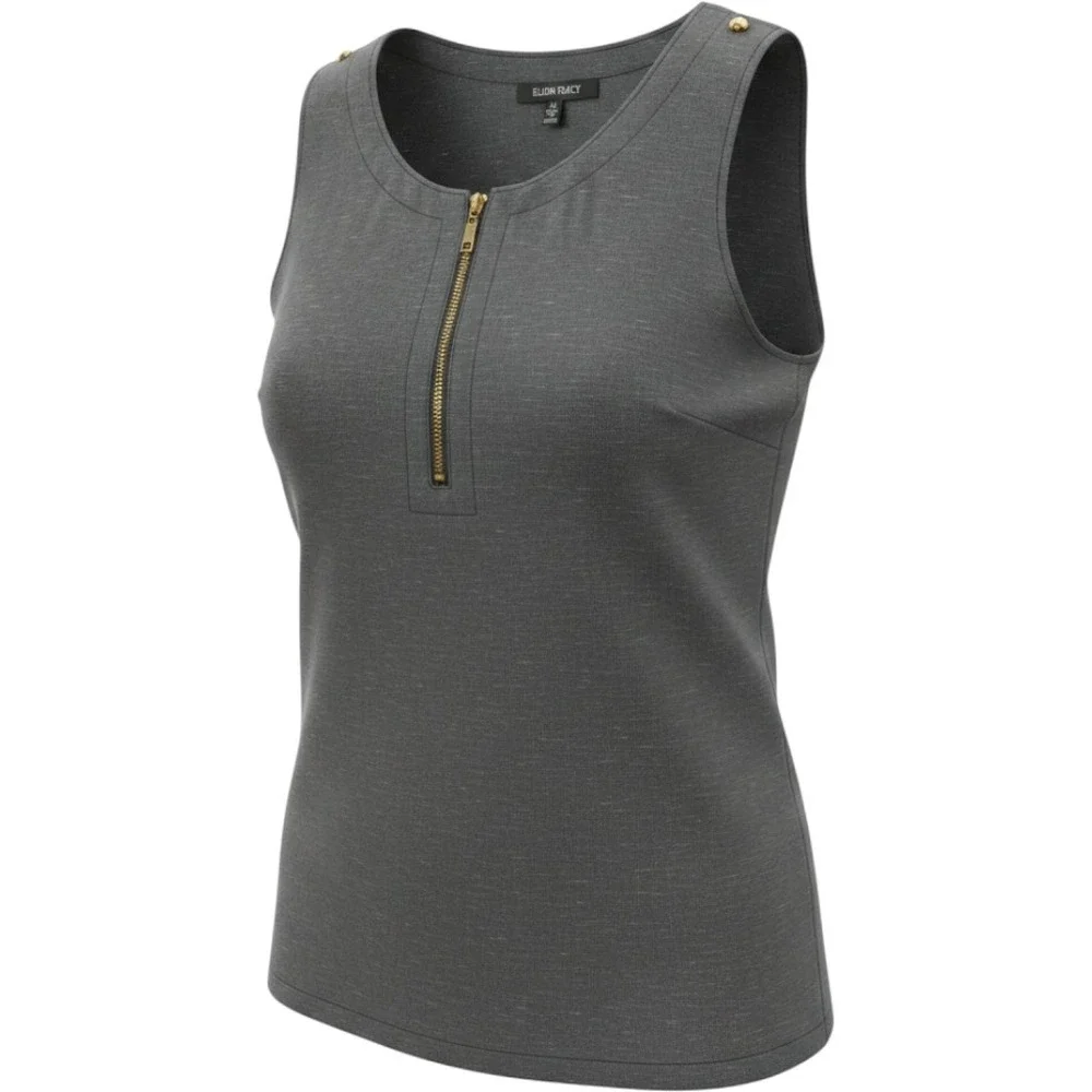 Ellen Tracy Women Gray 100% Linen Sleeveless Half Zip Blouse Top Medium